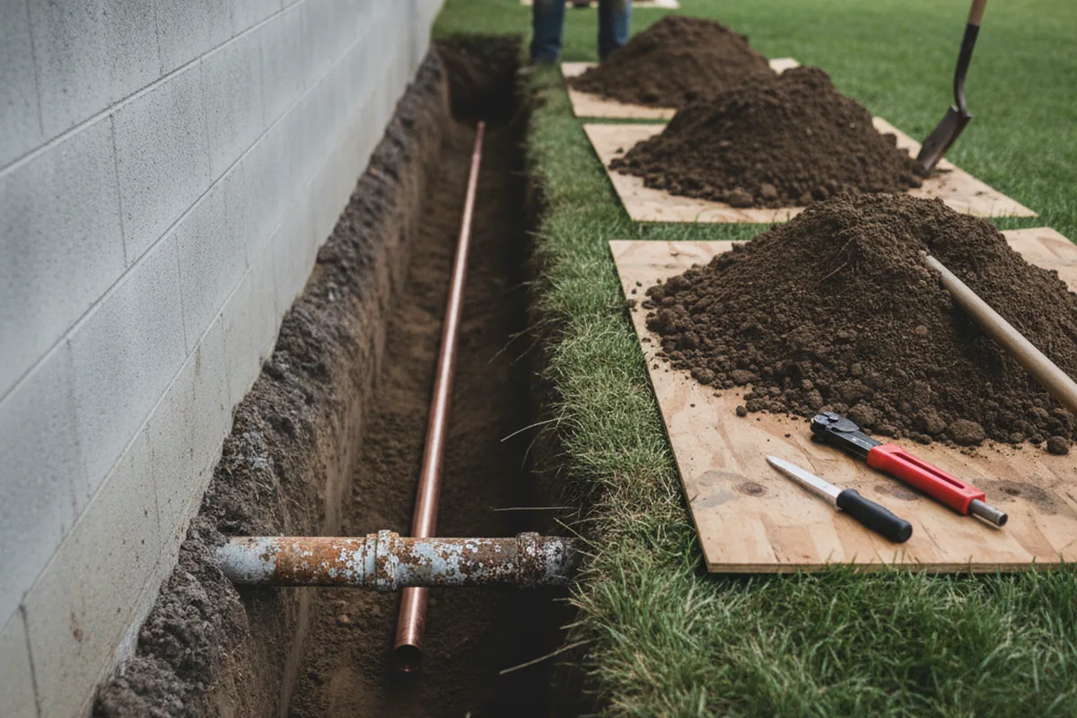 Excavated water line trench during Sewer Line Repair in College Place